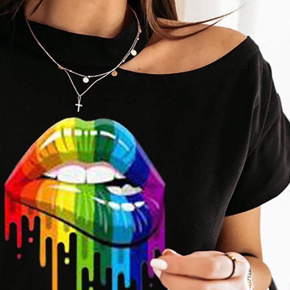 MOUTH PATTERN COLD SHOULDER CASUAL T-SHIRT